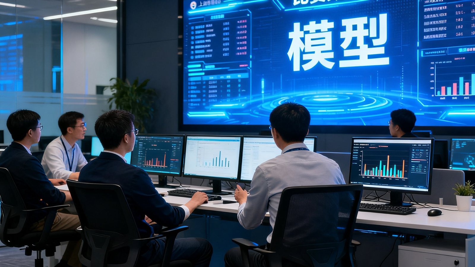 足球情报网上海总部，数据大屏实时滚动比赛数据，分析师团队正在讨论模型