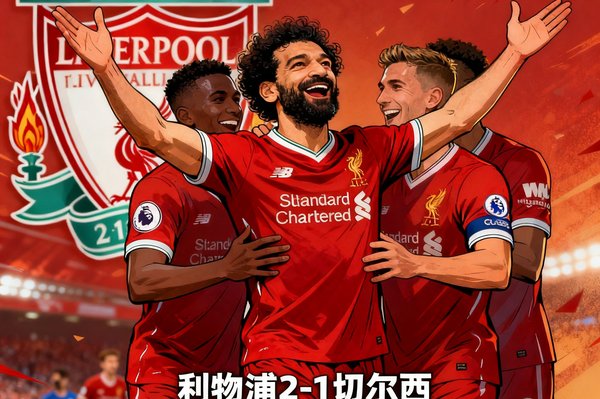 利物浦2-1战胜切尔西，萨拉赫点球命中后与队友庆祝的赛后战报图